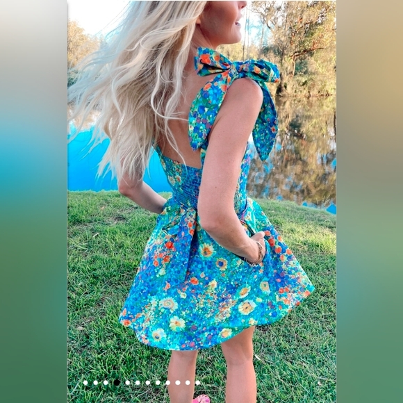 Show Me Your MuMu Blue Floral Mini Dress with Green Accents - Picture 3 of 7